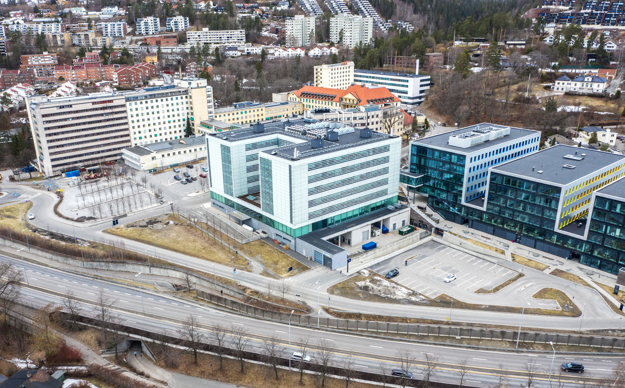 Oversiktsbilde Radiumhospitalet i Oslo. Foto tatt med drone i 2019. 